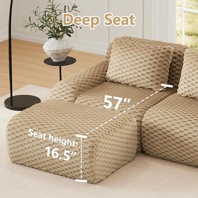 KEIKI 146" Oversized 4-Seater Boneless Couches for Living Room, Extra Deep Modular Sectional Velvet Sofa, Cloud Seating No Assembly Lounge Couch for Family Use, Modern Comfort Design, Light Camel