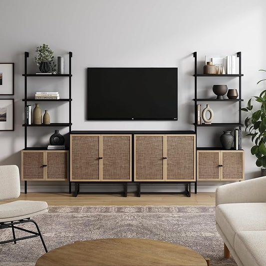 Nathan James Kova Boho Rattan and Wood TV Wall Shelving Unit Accent Storage Cabinet in Black Wood and Rattan with Metal Frame and Cane Doors, Black Oak/Cane