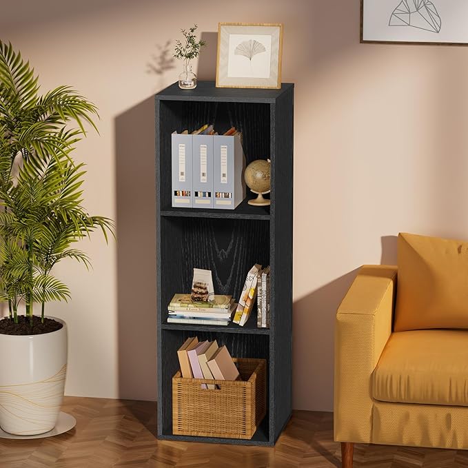 3 Tier Bookshelf, Narrow Bookcase for Small Spaces, Wooden Book Case Bookshelves Storage Organizer for Bedroom Living Room Home Office (Black, 3 Cube)