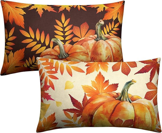 Fall Throw Pillow Covers 12x20 Set of 2 Orange Black Maple Leaves Pumpkin Autumn Lumbar Pillow Case Thanksgiving Harvest Farmhouse Outdoor Rectangle Cushion Case for Sofa Couch