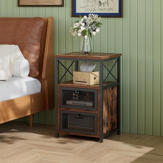 VECELO End Side Table, Modern Night Stand with Storage Space and Door, Set of 2 Nightstands for Living Room,Bedroom,Lounge,Antique Brown