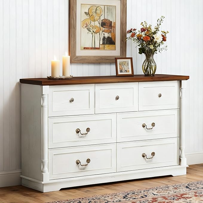 52" Farmhouse 7 Drawer Dresser for Bedroom,Tall Wide Wood Country Rustic Chest of Drawers,Column Decor,Retro Handle,Natural Texture,Wood Vintage TV Stand,Antique White