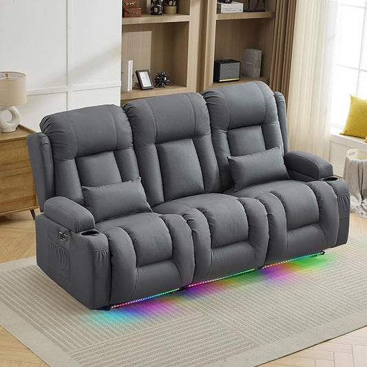 TUNYI Wall Hugger Loveseat Recliner Sofa with Console, Power Reclining Loveseat RV Couch with Massage & Heat/USB/Outlet/Storage/LED Light (Blue, 3 Seat)