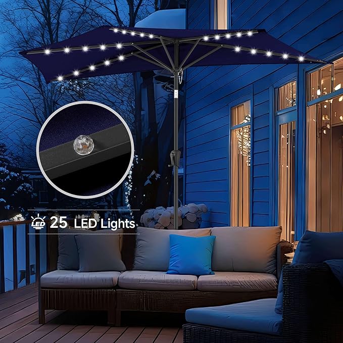 9ft Solar Half Umbrellas Outdoor - LED Half Patio Umbrella with 25 Lights, UV Protection Waterprool, Half Round Umbrella for Wall Balcony, Pool, Porch, Garden, Deck, Backyard, Navy Blue