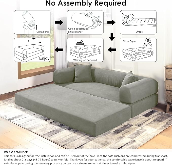 80" Convertible Sofa Bed, No Assembly Modern Boneless Compression Sofa in Box, 3-in-1 Corduroy Folding Pull Out Couch with Pillows, Floor Couch with Side Storage Pocket for Living Room,Light Grey