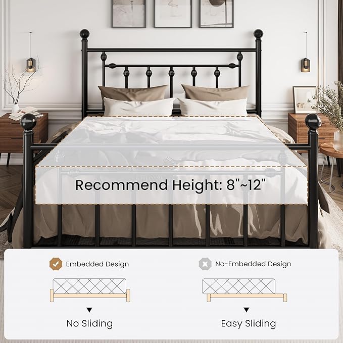 SHA CERLIN 14" Full Size Metal Platform Bed Frame/Victorian Headboard and Footboard/Steel Slats Mattress Foundation for Storage/No Box Spring Needed/Noise Free/Black