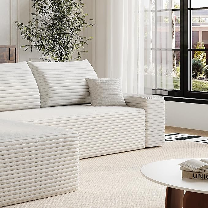 107" Corduroy Couch for Office, Cloud L Shape Sofa, Deep Seat Comfy Couches for Living Room Bedroom Apartment, Compressed Foam No Assembly Required, Left Facing Chaise, White