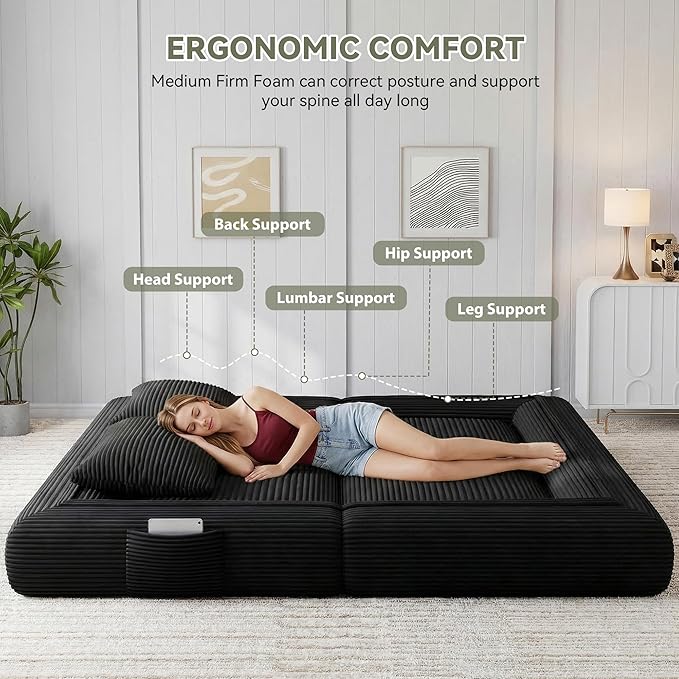 Jocoevol 4-in-1 Convertible Folding Sofa Bed, 68"L x 78"W Queen Size Foldable Sleeper Sofa Bed, Wide Corduroy Upholstery, Boneless Mattress Couch with Armrests & Neck Pillow for Living/Bedroom, Black