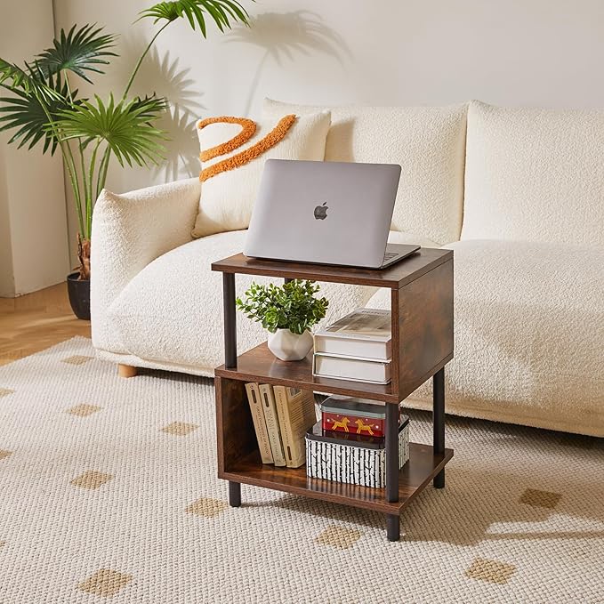 Side Table for Bedroom, End Table Small, Mid-Century Modern Nightstand with Open Storage Shelf, Small Table Rustic Brown/Black YD-TM152H