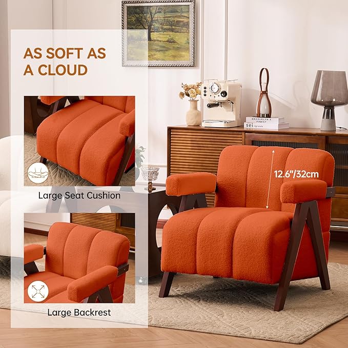 Accent Chairs Set of 2 Mid-Century Modern with Wide Backrest for Bedroom, Upholstered Living Room Chair with Wooden, Lounge Armchair with Thick Cushion, Cute Teddy Comfy Chair, Orange