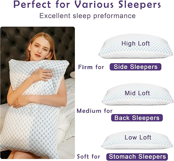 Premium Adjustable Shredded Memory Foam Pillow - Suitable for Side, Back, and Stomach Sleepers, with Cooling Fiber Machine Washable Cover (Standard-2PCS-Lavender)