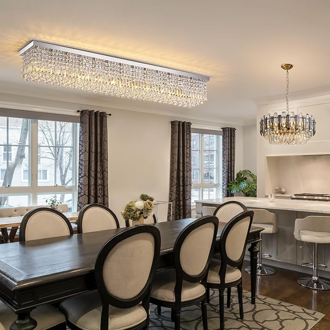 7PM Rectangular Chandelier, Modern Dining Room Light Fixture with Raindrop Chandelier Crystals, 13-Light Flush Mount Rectangle Chandelier for Dining Room Kitchen,Chrome Finish L59'' x W10'' x H9''