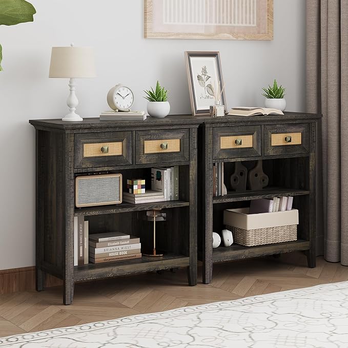 RoyalCraft Rattan Storage Cabinets Set of 2, Accent Boho Nightstand with 2 Drawers and 2 Shelves, Multipurpose Modern Sideboard for Living Room, Entryway, Front Hall, Hallway, Coffee