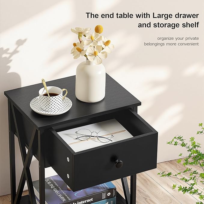 VECELO Night Stand with Drawer, 2 Tiers Storage Shelves End Table, Small Side Table for Small Spaces,Night Stand for Living Room, Bedroom, Black