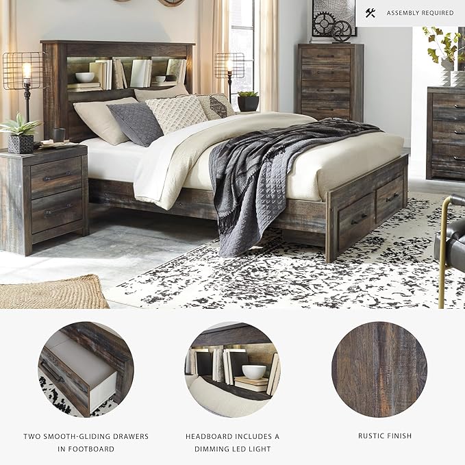 Signature Design by Ashley Drystan Rustic Queen Bookcase Bed with 2 Storage Drawers and LED Light, Foundation or Box Spring Needed, Dark Brown & Gray