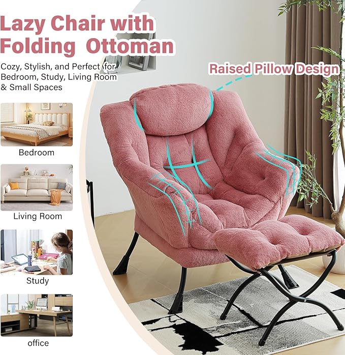 Lazy Chair with Ottoman, Modern Chair with Folding Footrest, Plush Dark Pink Accent Chair, Comfortable Reading Chair, Oversized Armchairs for Bedroom, Study, Living Room, Courtyard