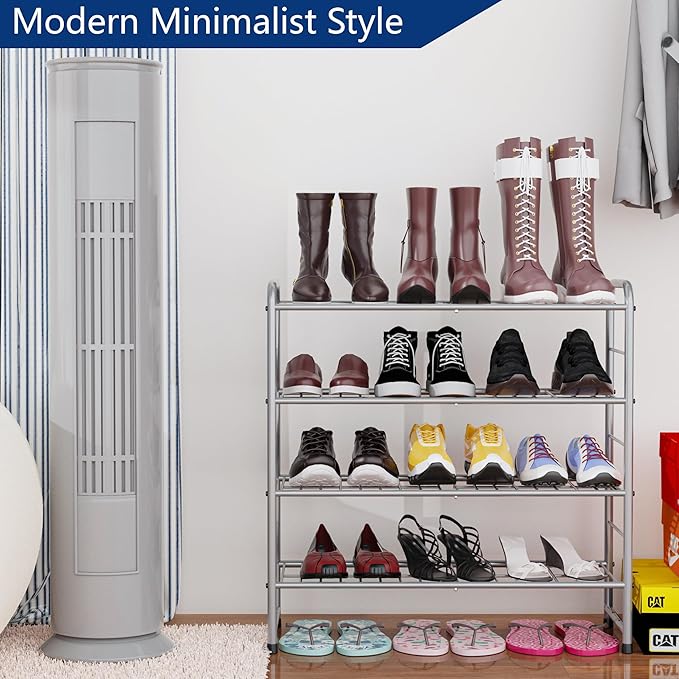 4-Tier Stackable Shoe Rack,Expandable & Adjustable Shoe Organizer Storage Shelf,High Capacity,Wire Grid,Silver
