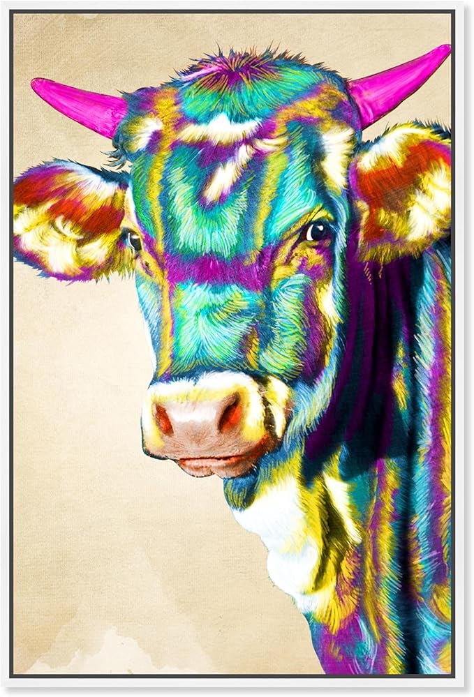Country Farmhouse Canvas Print Painting Animal Wall Art 'Fun Colorful Glam Farm Cow' White Framed Canvas Rustic Home Décor 24x36 in Green, Pink by Oliver Gal