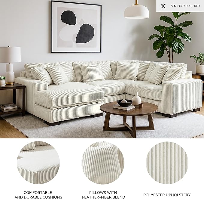 Signature Design by Ashley Lindyn Contemporary Right-Arm Facing 4-Piece Sectional with Chaise, Reversible Cushions, Armrest and Throw Pillows, White