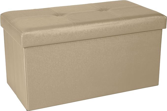 Simplify Faux Leather Folding Storage Ottoman | Double | Collapsible | Tufted Padded Seating | Foot Rest | Bench | Metallic Gold