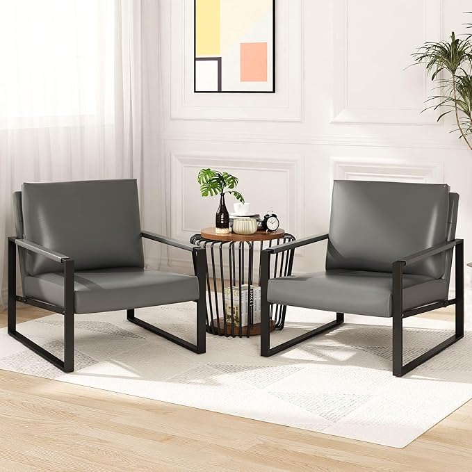 AWQM Leather Accent Chair Set of 2 Sofa Chair Extra-Thick Padded Backrest Seat Cushion Single Sofa Bedroom, Black Metal Frame, 105 Degree Slant Back-Grey（Set of 2）