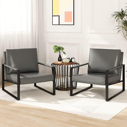 AWQM Leather Accent Chair Set of 2 Sofa Chair Extra-Thick Padded Backrest Seat Cushion Single Sofa Bedroom, Black Metal Frame, 105 Degree Slant Back-Grey（Set of 2）