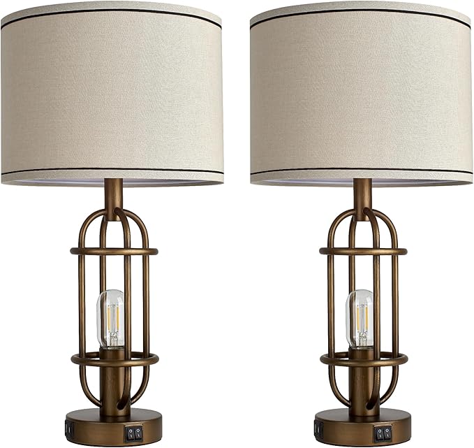 Table Lamps for Living Room Set of 2, 22.3" Farmhouse Lamps for Nightstand, Industrial Table Lamps for Bedroom with USB Ports