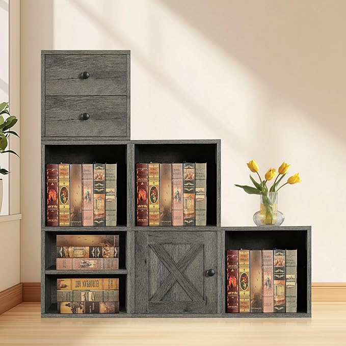 FUSUNBAO Magic DIY Cube Storage Organizer Stackable Cubes, Small Room Organizer Wooden Storage Boxes, Modern Cube Bookshelves, Shelves for Home Books Clothes Toys (French Oak,2- Layer Cube)