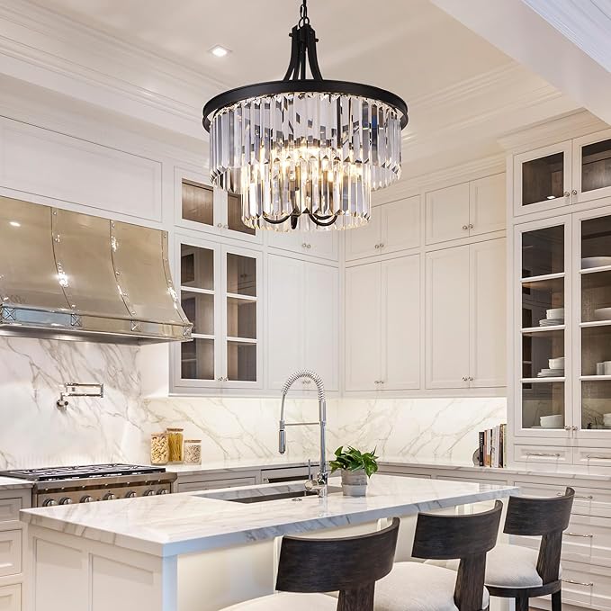 Wellmet Crystal Chandeliers for Dining Room Lights Fixtures, 5 Light Black Chandeliers for Bedroom, 2-Tier Round Crystal Lighting Fixtures for Living Room Entryway Kitchen Island D19.68 Inch
