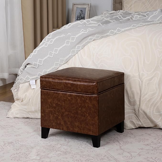 Adeco 17-inch Tufted Faux Leather Storage Ottoman, Square Footrest Stool with Hinged Lid and Solid Wood Legs, Small Accent Foot Stool for Living Room & Bedroom, Dark Brown