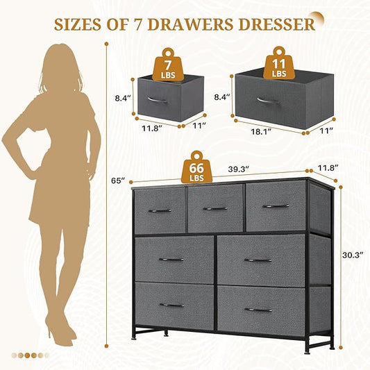 Dresser with 7 Drawers for Bedroom, Fabric Clothes Cabinet for Closet, Anti-Tip Storage Dresser with Metal Frame for Living Room, Entryway, Dorm, Grey