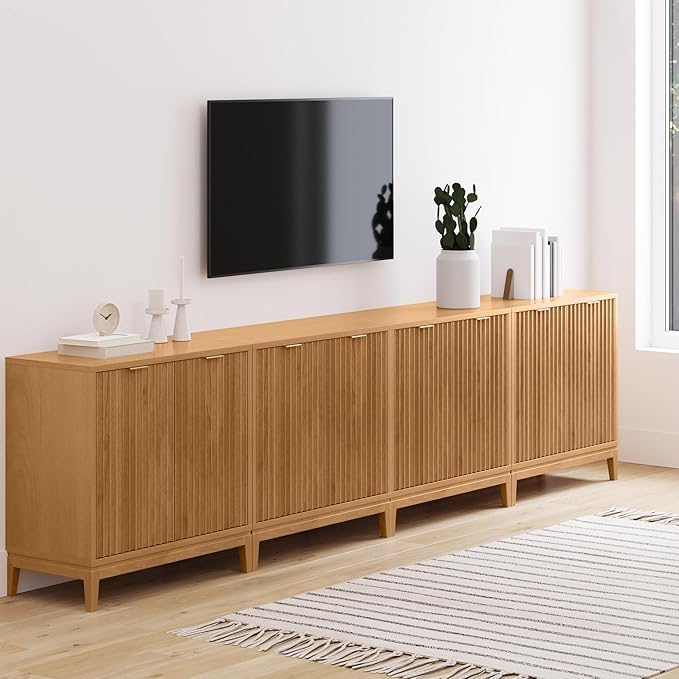 Nathan James Jasper Wood Modern Sideboard Accent Storage Cabinet TV Stand with Fluted Doors, for Kitchen or Living Room, Warm Pine, Set of 4