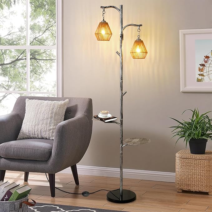 Hsyile Arc Floor Lamp with Cage Shade,Rattan&Fabric Boho Floor Lamps for Living Room Bedroom,Silver Gray Industrial Dimmable Floor Light,Farmhouse Rustic Tall Lamp for Office Reading