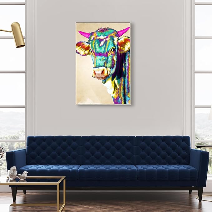 Country Farmhouse Canvas Print Painting Animal Wall Art 'Fun Colorful Glam Farm Cow' Champagne Framed Canvas Rustic Home Décor 24x36 in Green, Pink by Oliver Gal