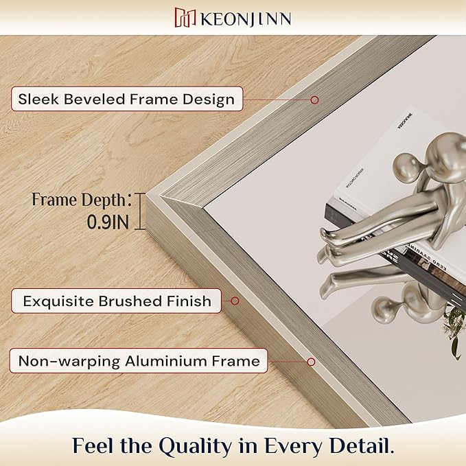 Keonjinn 30 x 36 Inch Brushed Nickel Bathroom Mirror, Beveled Rectangle Framed Mirror for Wall, Farmhouse Bathroom Vanity Mirror for Over Sink, Square Corner, Tempered Glass
