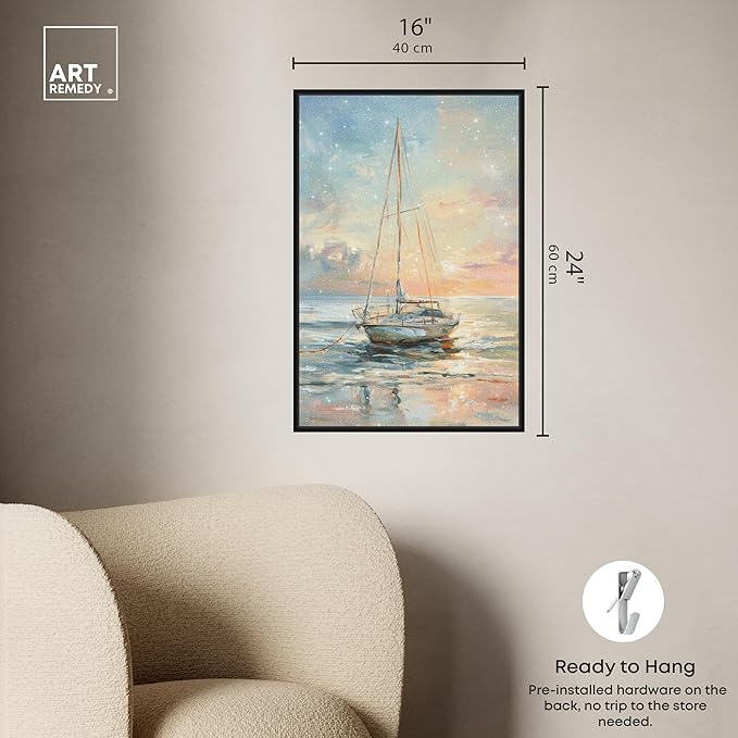 Art Remedy Boat On The Shore Framed Sailing 1 Piece Canvas Wall Art, 17" x 25", Black Frame