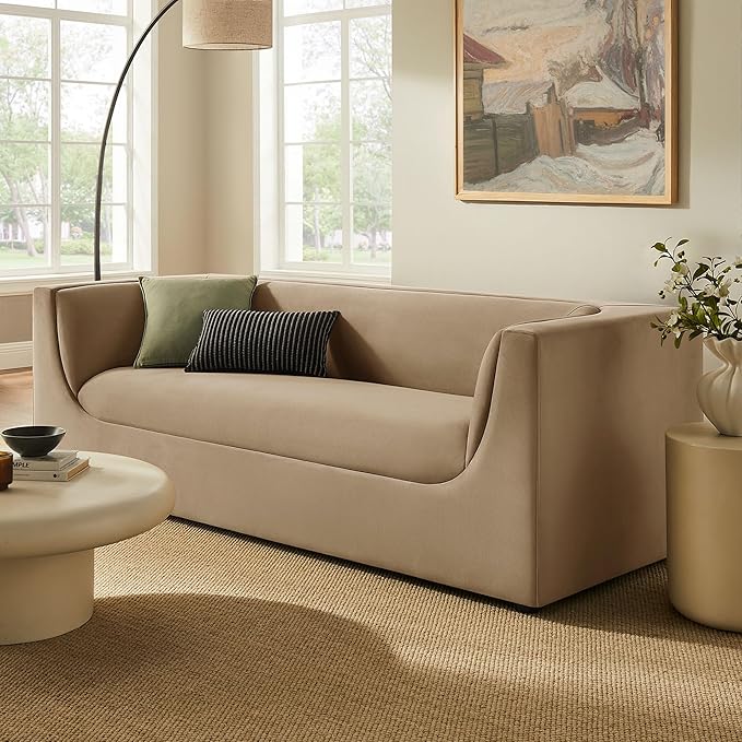 Modway Hilda 86 Inch Modern Curved Back Performance Velvet Sofa in Taupe – Plush Upholstered 3-Seat Couch for Living Room, Apartment, Office