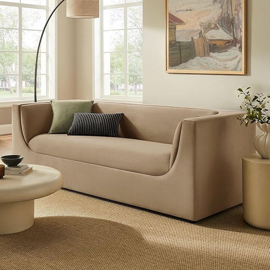 Modway Hilda 86 Inch Modern Curved Back Performance Velvet Sofa in Taupe – Plush Upholstered 3-Seat Couch for Living Room, Apartment, Office