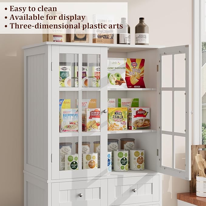 71" Tall Kitchen Pantry Storage Cabinet, Pantry Cabinet with Drawers and Glass Doors, Freestanding Kitchen Cupboard for Dining Room, Laundry, White