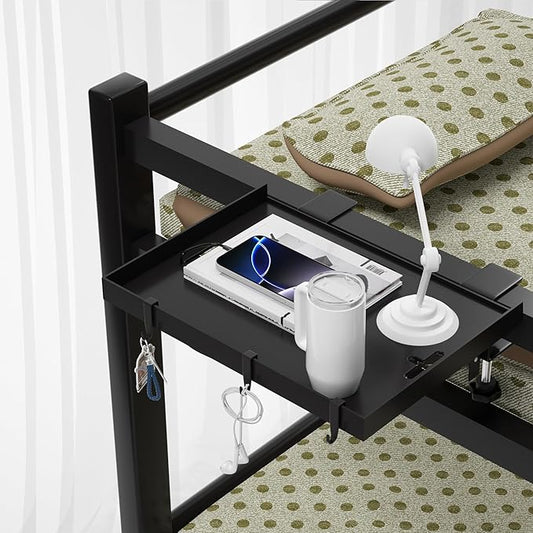 Foldable Bedside Shelf, Metal Clip-On Bed Tray Table for Bunk Bed & Dorm Beds, Dorm Room Essentials Organizer for College Students, Floating Tray, Space Saving Nightstand for Loft Beds (Black, Small)