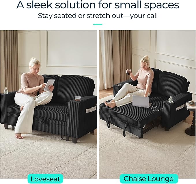 LINSY HOME Loveseat Sofa with Pull Out Couch Chaise: 2-in-1 Convertible 2 Seater Sofa with USB Charging & Cup Holders, Comfy Plush Corduroy Love Seat for Small Spaces Living Room Apartment, Black