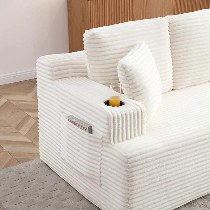 Floor Loveseat Boneless Sofa Couch in a Box with Cup Holder and Side Pockets, Corduroy Upholstered 2 Seater Cloud Foam Sofa with Deep Seating for Living Room, No Assembly | Breathable material, Cupholders