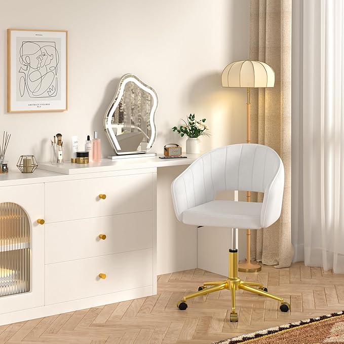 VECELO Velvet Accent Chair Set of 2, Adjustable Luxury Vanity & Dining Chair with Gold Rolling Base, 360°Swivel Upholstered Armchair for Living Room, Bedroom, Home Office, Pearl White