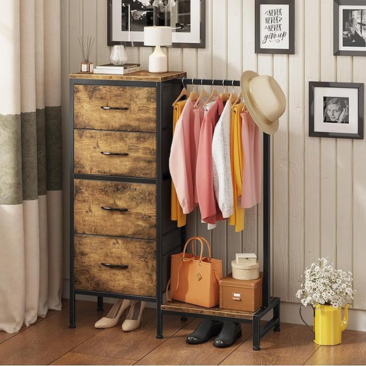Dresser with Hanging Rack, 4 Drawers Small Closet for Bedroom, Reversible Fabric Kids Chest of Drawers with Clothes Rack, Tall Storage Tower, Sturdy Frame, Rustic Brown, 44''H