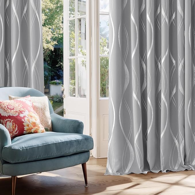 NICETOWN Silver Grey Short Blackout Curtain Panels 54 inch Long for Cafe, Noise Reducing Thermal Insulated Wave Line Foil Print Design Drapes for Cloest, W66 x L54 inch 2 Panels