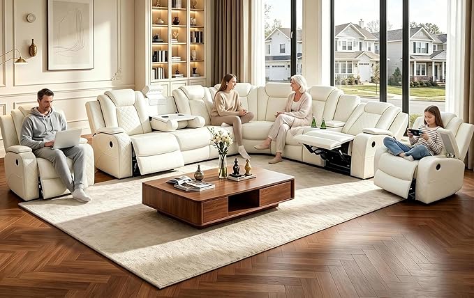 Power Reclining Sectional Sofa Set with LED, Living Room Furniture Sets, Leather Recliner Couch for Living Room/Home Theater, Sectional Couch and Chair with 4 Recliners, USB Port/Hide-Away Storage