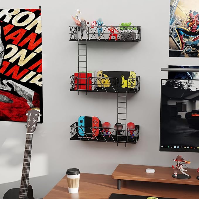 LUDOUR Fire Escape Wall Shelf - 3 Tier Fire Escape Ladder Wall Shelf 16.5’’ Long, New York Metal Decorative Shelf for Action Figure Display, Black Floating Wall Shelves for Bedroom, Home Décor.