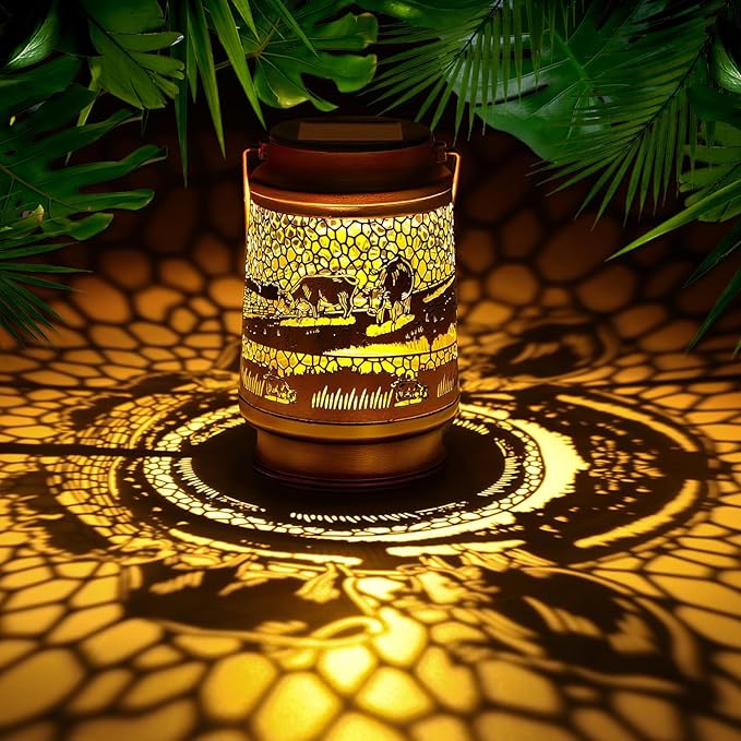 Cow Birthday Gifts for Women Mom Grandma, Solar Lanterns Outdoor Waterproof Garden Decor Hanging Lantern Lights, Metal LED Decorative Gardening Light for Patio Yard Lawn Porch