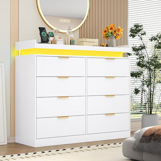 8 Drawer Dressers for Bedroom, White Dresser with LED Lights and Power Outlet, Wood LED Dresser, Double Wide Modern Chest of Drawers for Bedroom, Entryway, Hallway
