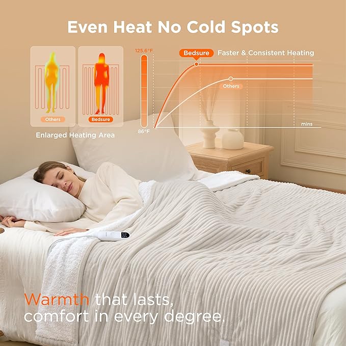 Bedsure GentleSoft Electric Blanket Twin - Soft Ribbed Flannel Heated Blanket, Heating with 10 Time Settings, 6 Heat Settings, and 8 hrs Timer Auto Shut Off, Gifts for Grandma (62x84 inches, Cream)